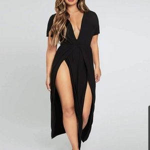 Plunging Neck Double Split Thigh Dress